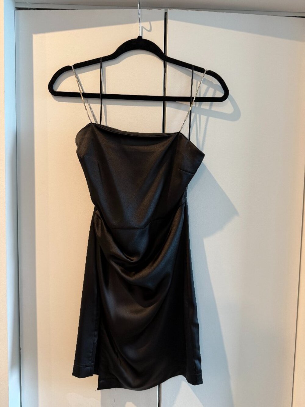 NWT Black Zara Satin Mini Dress with Rhinestone Straps (Small)